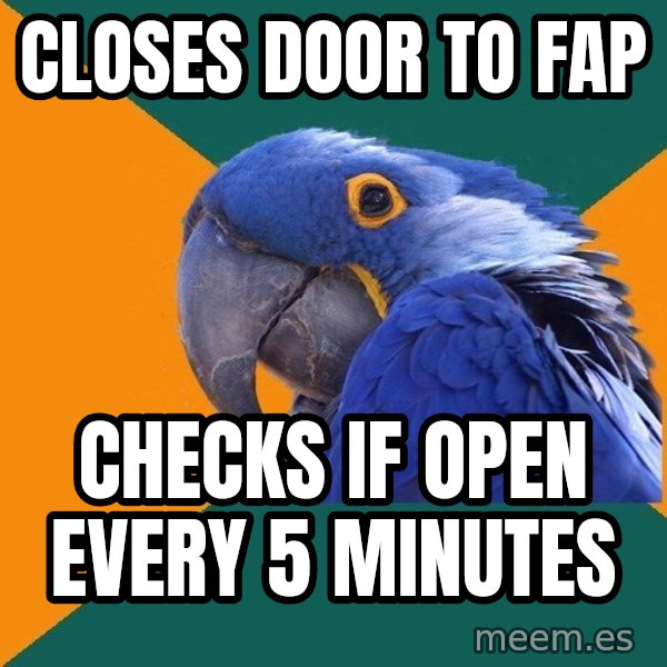 Paranoid Parrot meme: closes door to fap / checks if open every 5 minutes