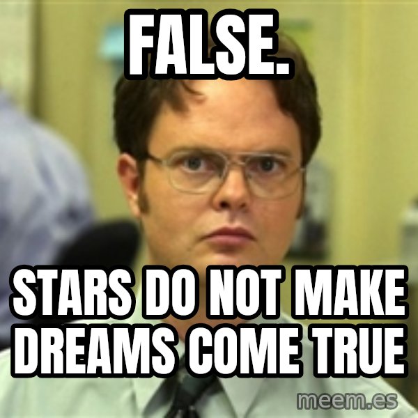Dwight Schrute meme: FALSE. / stars do not make dreams come true