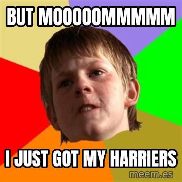 Angry School Boy meme: BUT MOOOOOMMMMM / I JUST GOT MY HARRIERS