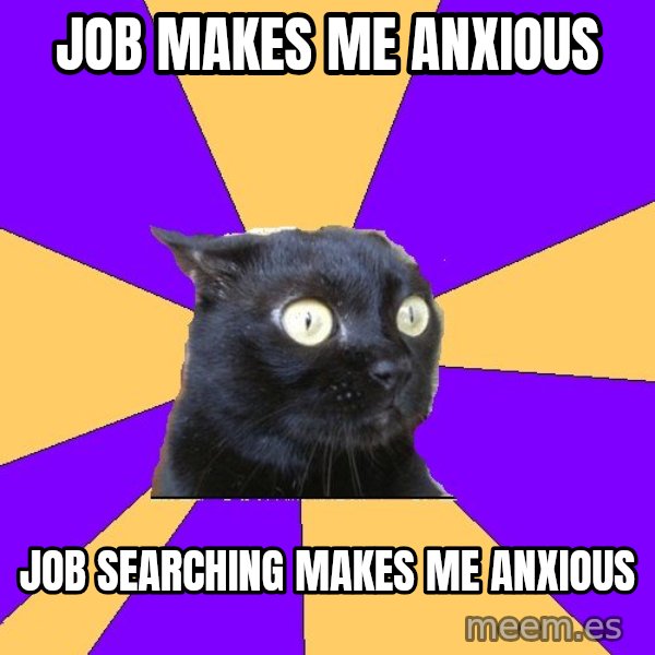 Anxiety Cat meme: job makes me anxious / job searching makes me anxious