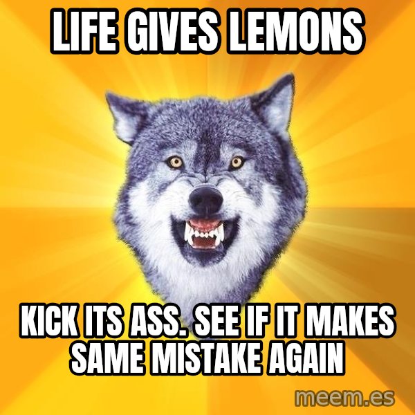 Courage Wolf meme: lIFE GIVES LEMONS / kICK ITS ASS. SEE IF IT MAKES SAME MISTAKE AGAIN
