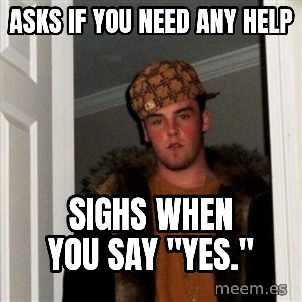 Scumbag Steve meme: asks if you need any help / sighs when you say "Yes."