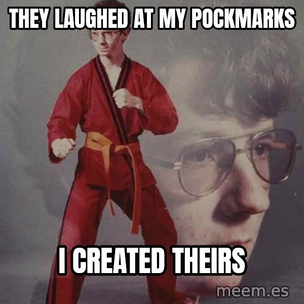 PTSD Karate Kyle meme: they laughed at my pockmarks / i created theirs