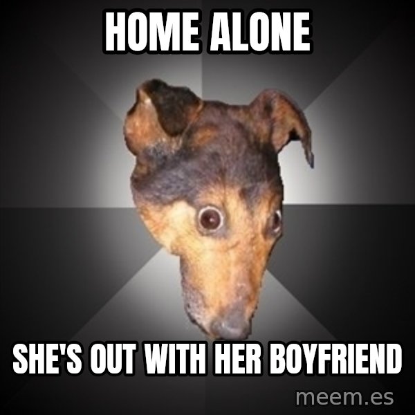 Depression Dog meme: home alone / she's  out with her boyfriend