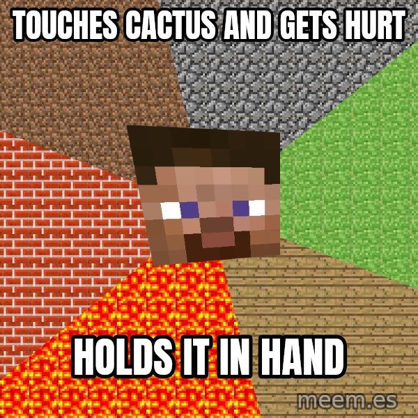 Minecraft Guy meme: Touches Cactus and Gets Hurt / Holds it in hand