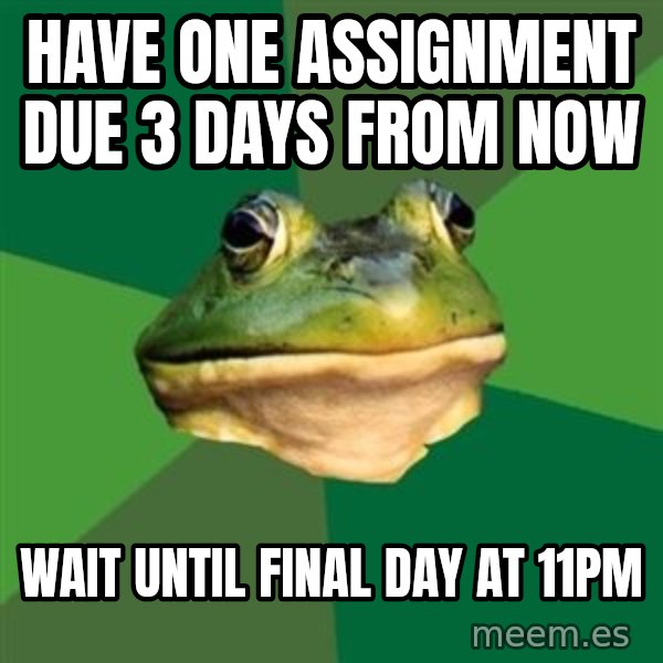 Foul Bachelor Frog meme: Have one assignment due 3 days from now / wait until final day at 11pm