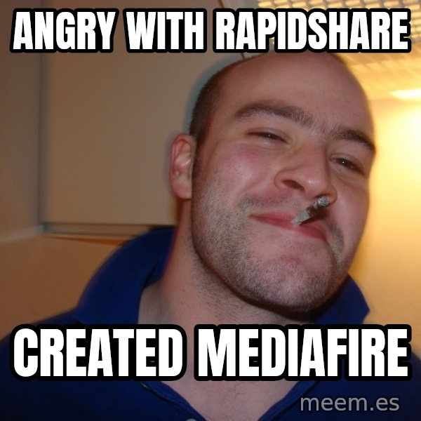 Good Guy Greg meme: ANGRY WITH RAPIDSHARE / CREATED MEDIAFIRE