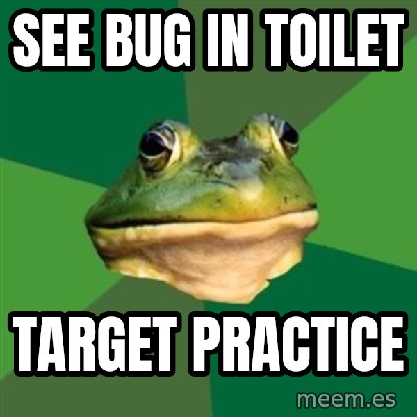 Foul Bachelor Frog meme: see bug in toilet / target practice