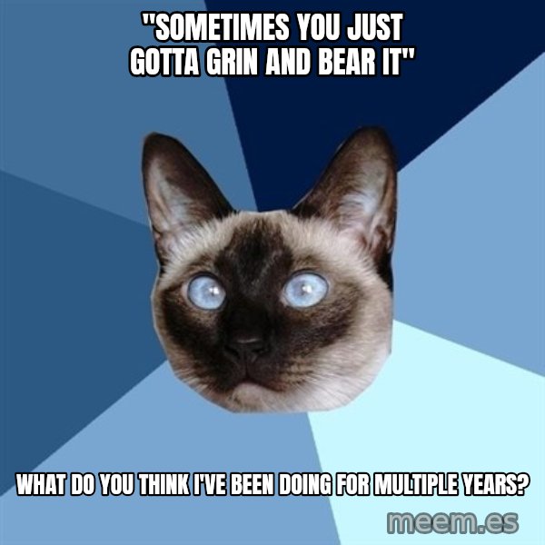 Chronic Illness Cat meme: "sometimes you just gotta grin and bear it" / what do you think I've been doing for multiple years?