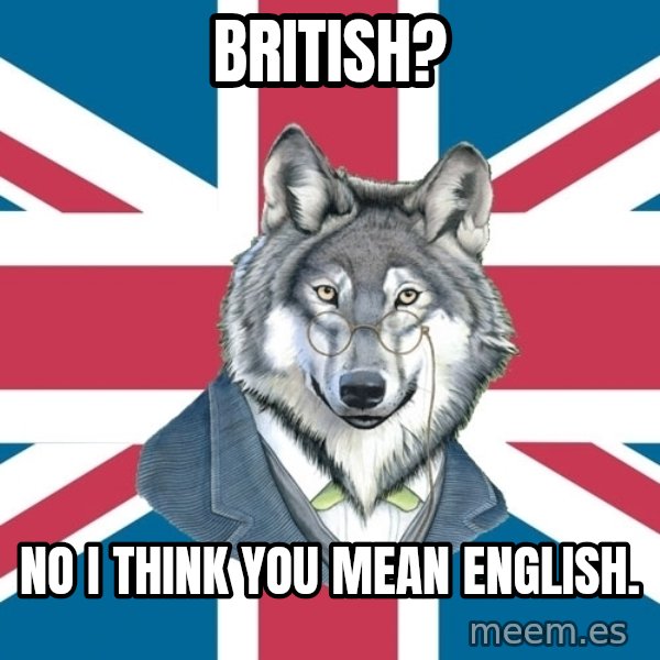 Sir Courage Wolf Esquire meme: British? / No I think you Mean English.