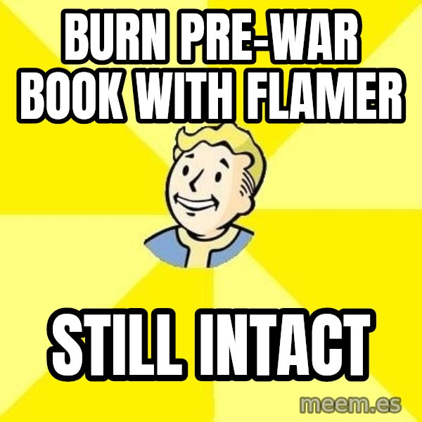 Fallout 3 meme: BURN PRE-WAR BOOK WITH FLAMER / STILL INTACT