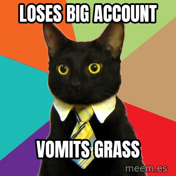 Business Cat meme: loses big account / vomits grass