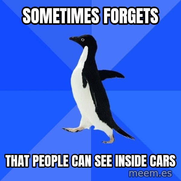 Socially Awkward Penguin meme: Sometimes forgets / that people can see inside cars
