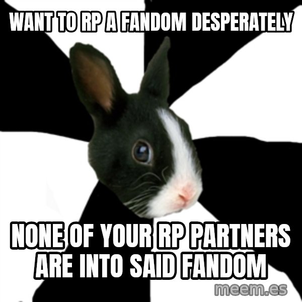 Roleplaying Rabbit meme: Want to Rp a fandom desperately / none of your rp partners are into said fandom