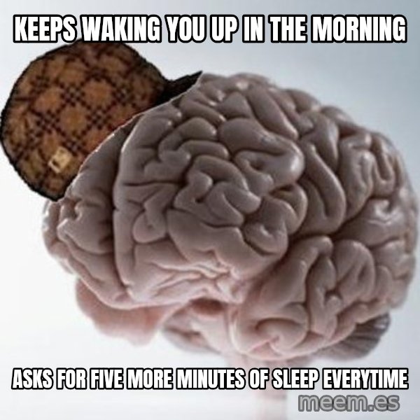 Scumbag Brain meme: Keeps waking you up in the morning / Asks for five more minutes of sleep everytime