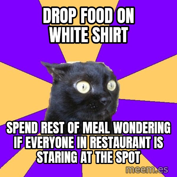 Anxiety Cat meme: DROP FOOD ON WHITE SHIRT / SPEND REST OF MEAL WONDERINg IF EVERYONE IN RESTAURANT IS STARING AT THE SPOT