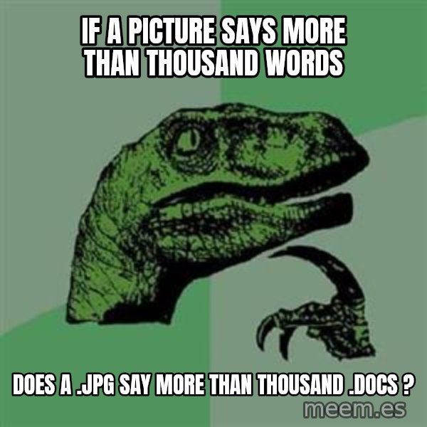Philosoraptor meme: if a picture says more than thousand words / does a .jpg say more than thousand .docs ?