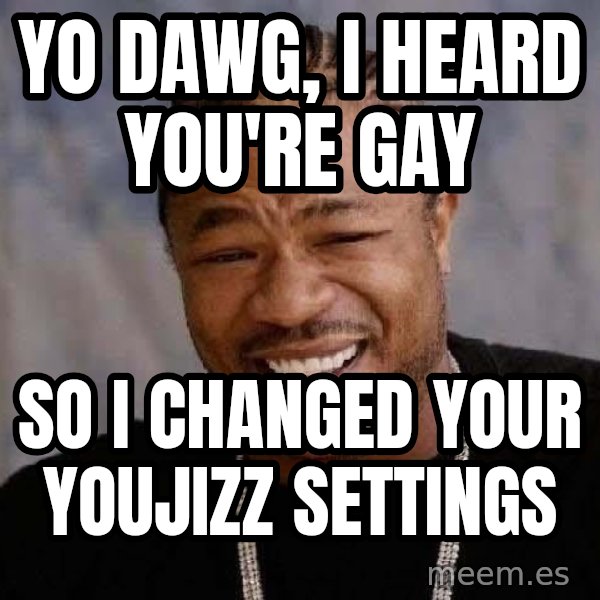 Yo Dawg meme: Yo dawg, I heard you're gay / so i changed your youjizz settings