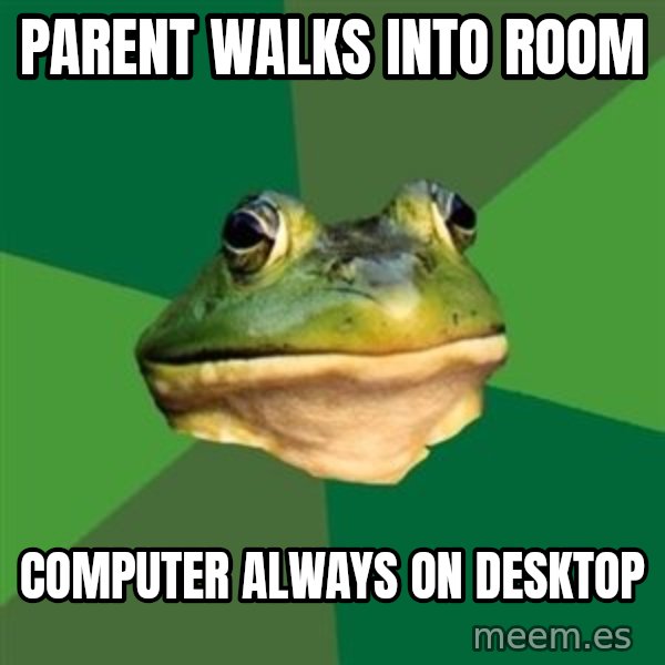 Foul Bachelor Frog meme: Parent walks into room / computer always on desktop