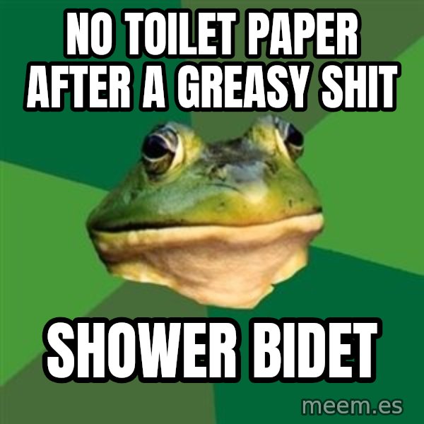 Foul Bachelor Frog meme: no toilet paper after a greasy shit / shower bidet