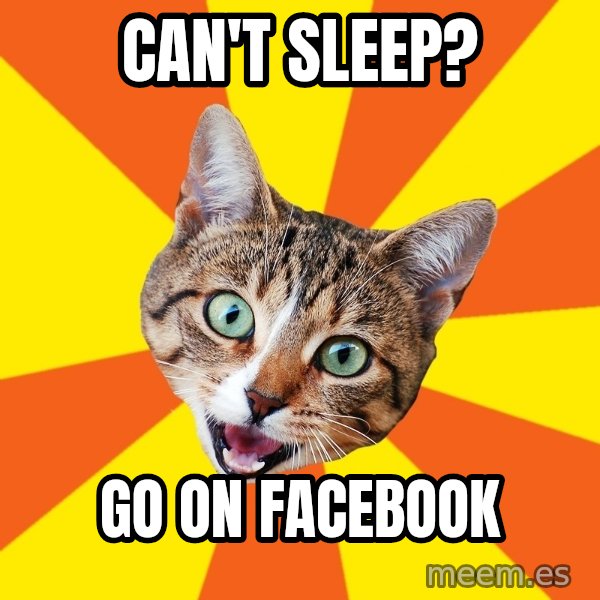 Bad Advice Cat meme: Can't sleep? / go on facebook