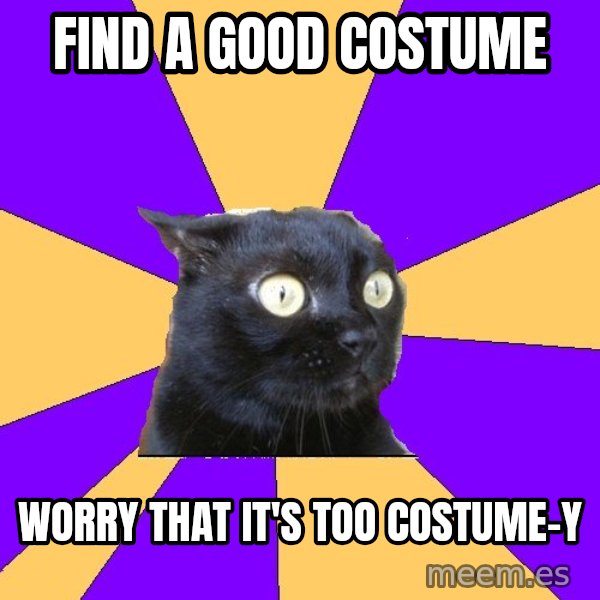 Anxiety Cat meme: FIND A GOOD COSTUME / WORRY THAT IT'S TOO COSTUME-Y