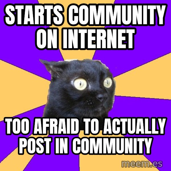Anxiety Cat meme: STARTS COMMUNITY ON INTERNET / TOO AFRAID TO ACTUALLY POST IN COMMUNITY