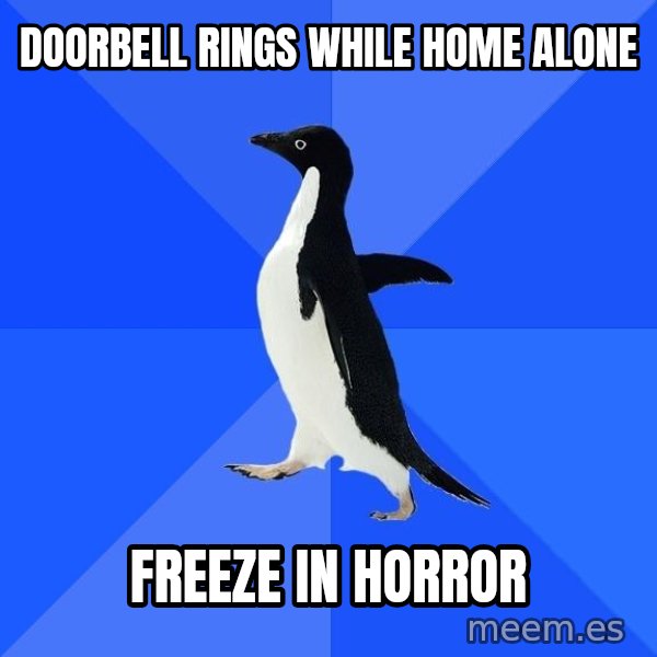 Socially Awkward Penguin meme: doorbell rings while home alone / freeze in horror