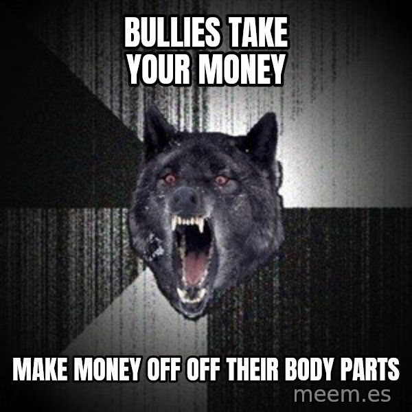 Insanity Wolf meme: Bullies take your money / make money off off their body parts