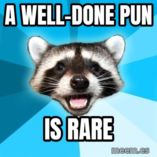Lame Pun Coon meme: a well-done pun / is rare