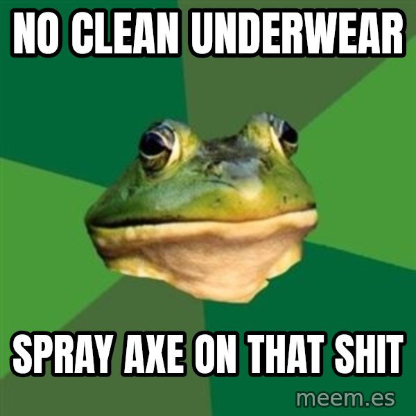 Foul Bachelor Frog meme: No clean underwear / Spray Axe on that shit