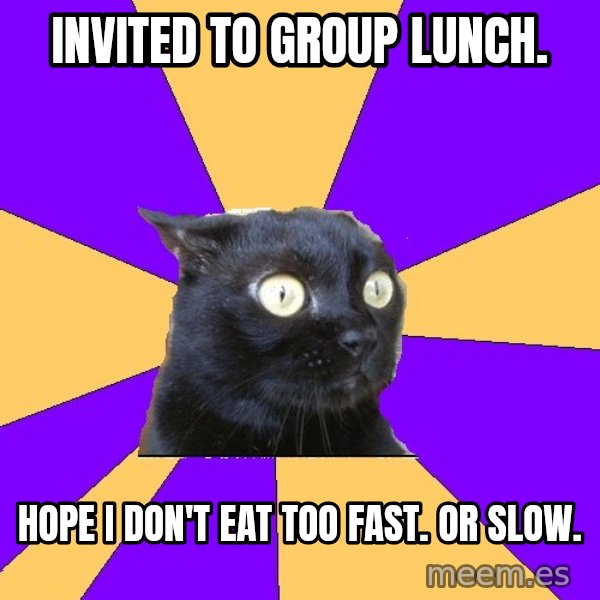 Anxiety Cat meme: Invited to group lunch. / hope i don't eat too fast. or slow.