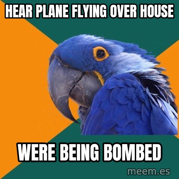 Paranoid Parrot meme: hear plane flying over house / were being bombed
