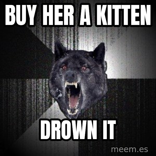 Insanity Wolf meme: buy her a kitten / drown it