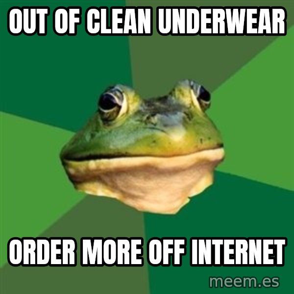 Foul Bachelor Frog meme: OUT OF CLEAN UNDERWEAR / ORDER MORE OFF INTERNET