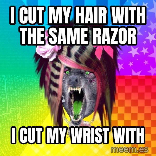 Insanity Scene Wolf meme: i cut my hair with the same razor / i cut my wrist with