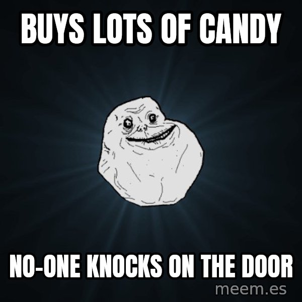 Forever Alone meme: buys lots of candy / no-one knocks on the door