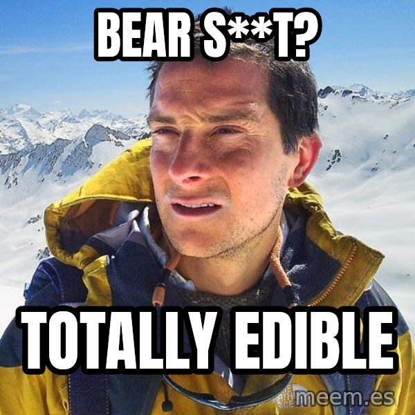 Bear Grylls Loneliness meme: bear s**t? / totally edible