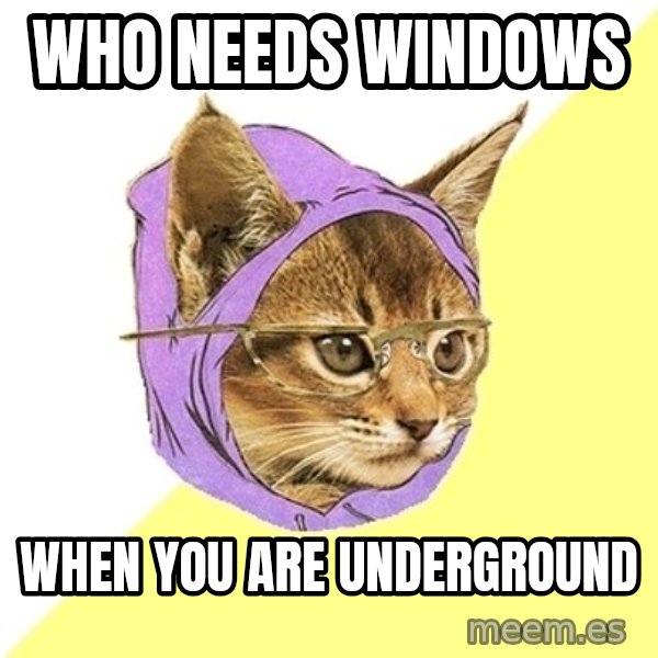 Hipster Kitty meme: who needs windows / when you are underground