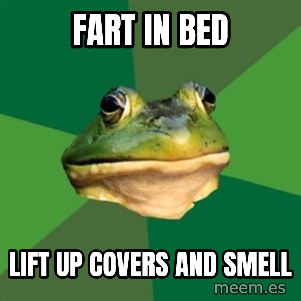 Foul Bachelor Frog meme: Fart in bed / Lift up covers and smell