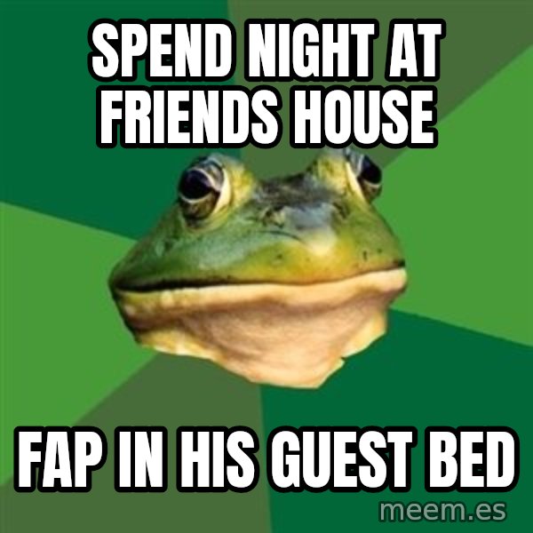 Foul Bachelor Frog meme: spend night at friends house / fap in his guest bed