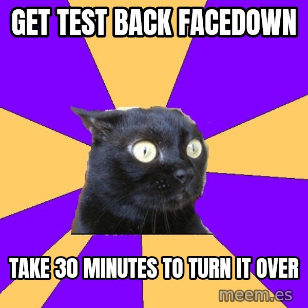 Anxiety Cat meme: Get test back facedown / take 30 minutes to turn it over