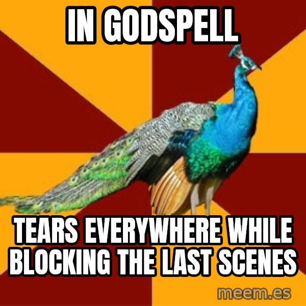 Thespian Peacock meme: In Godspell / tears everywhere while blocking the last scenes