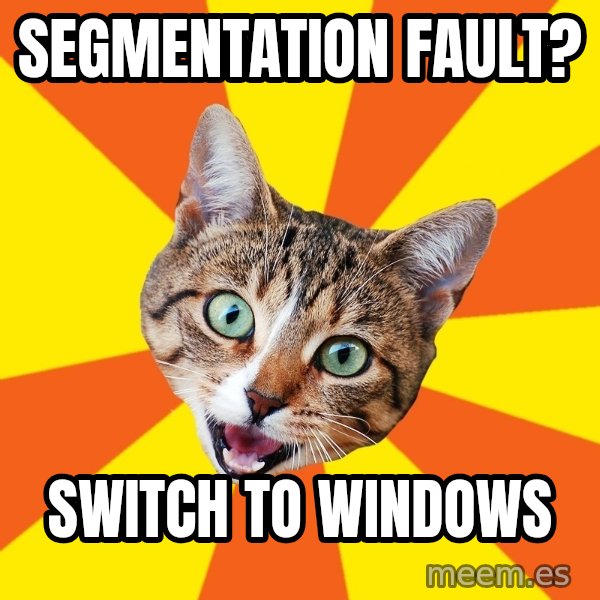 Bad Advice Cat meme: segmentation fault? / switch to windows