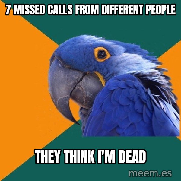 Paranoid Parrot meme: 7 missed calls from different people / they think i'm dead
