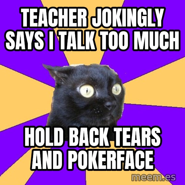 Anxiety Cat meme: teacher jokingly says i talk too much / hold back tears and pokerface