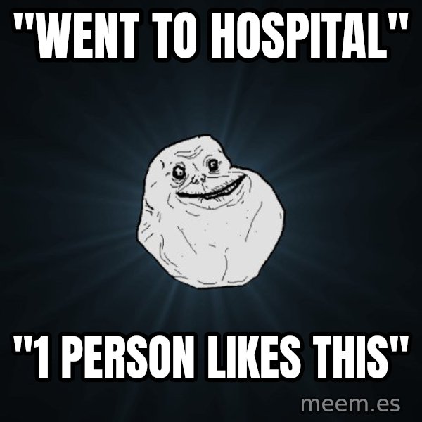 Forever Alone meme: "Went to hospital" / "1 person likes this"