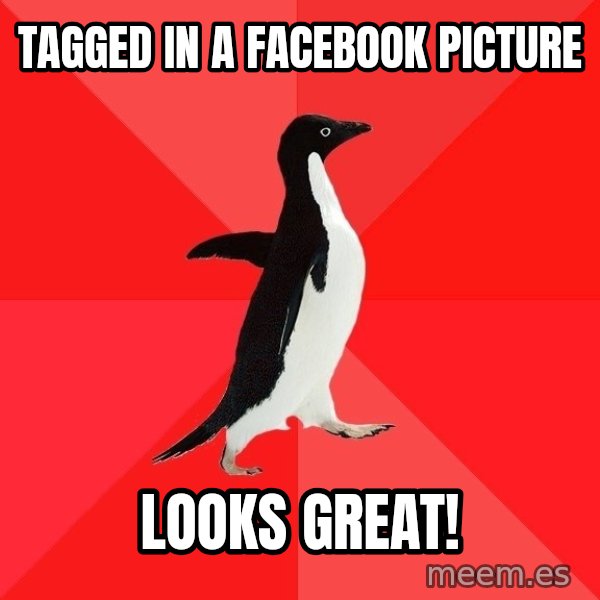 Socially Awesome Penguin meme: tagged in a facebook picture / looks great!