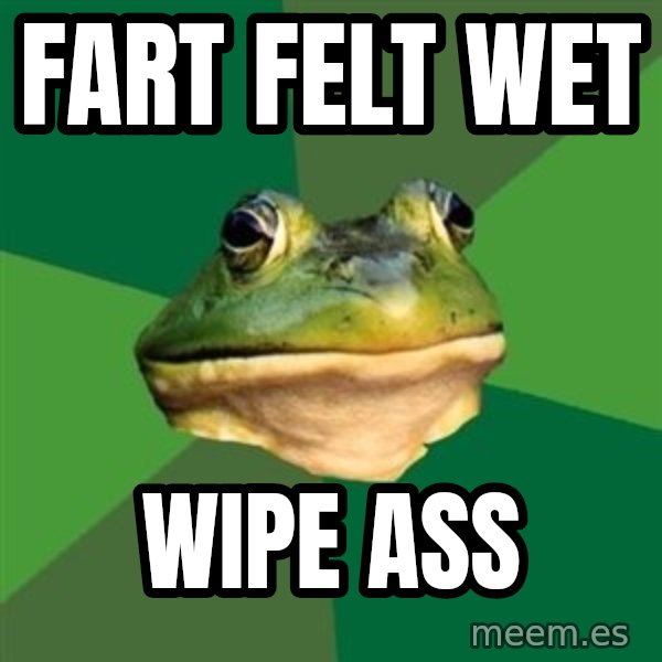 Foul Bachelor Frog meme: fart felt wet / wipe ass