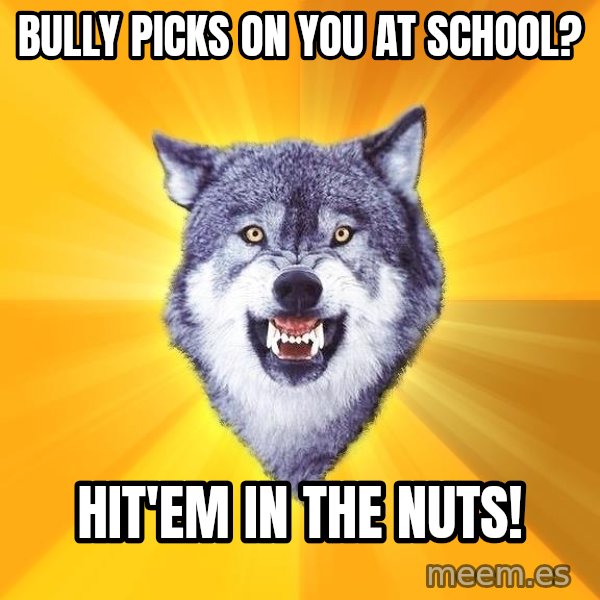 Courage Wolf meme: bully picks on you at school? / hit'em in the nuts!